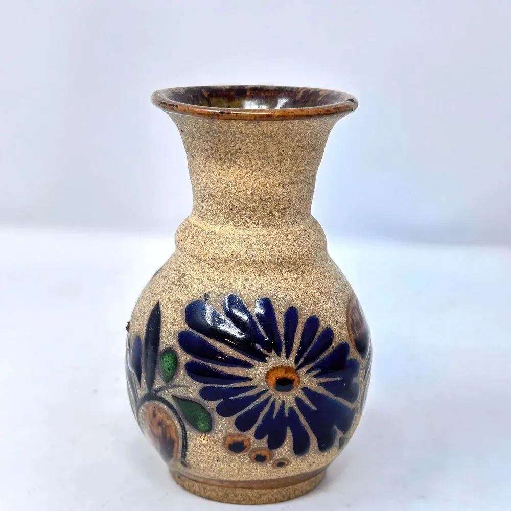 Vintage Tonala Mexican Pottery Vase Signed EM Mex Hand Painted Folk Art 4.75x3